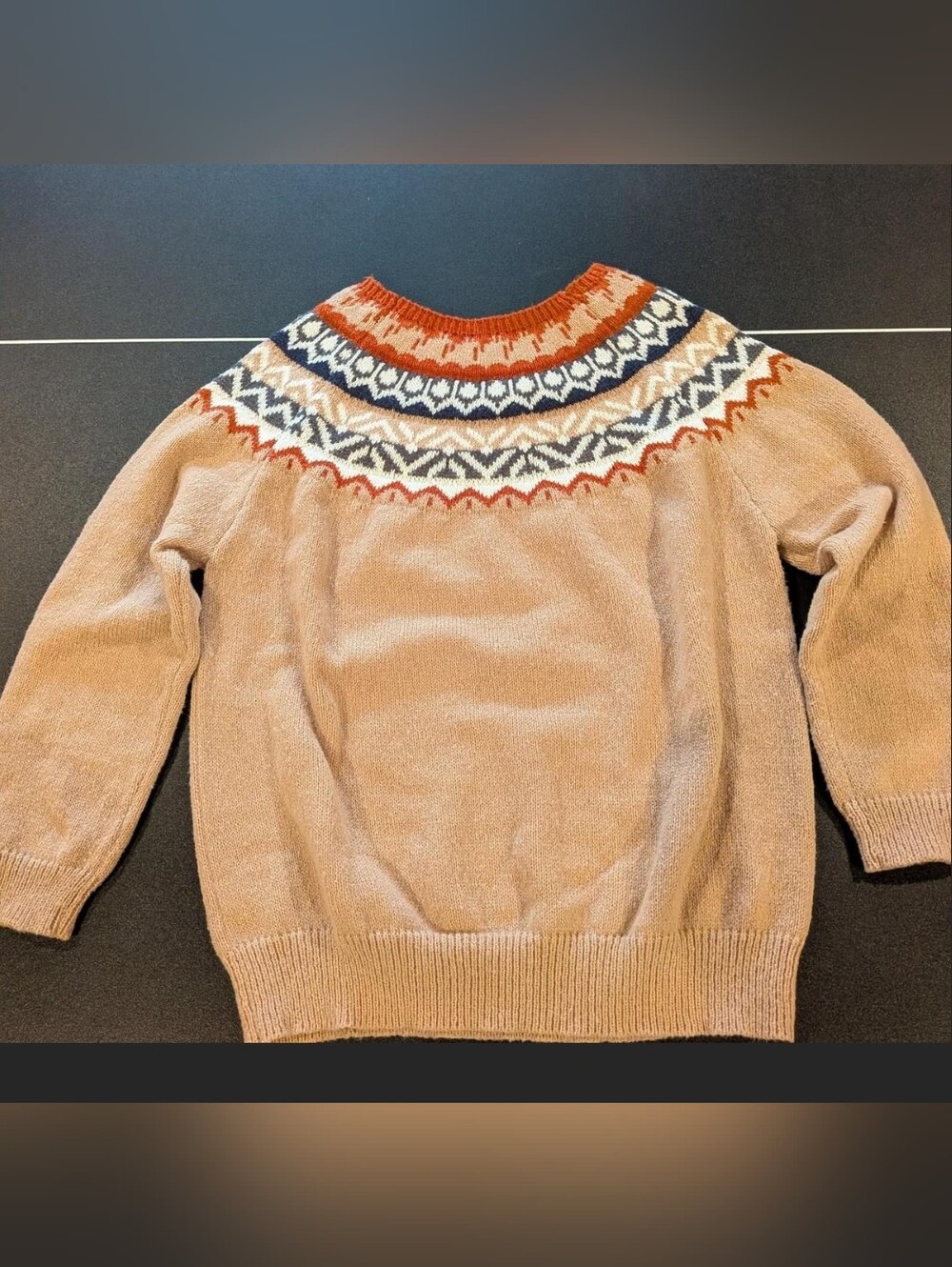 Fair Isle Yoke Crewneck Sweater in Camel and Rust